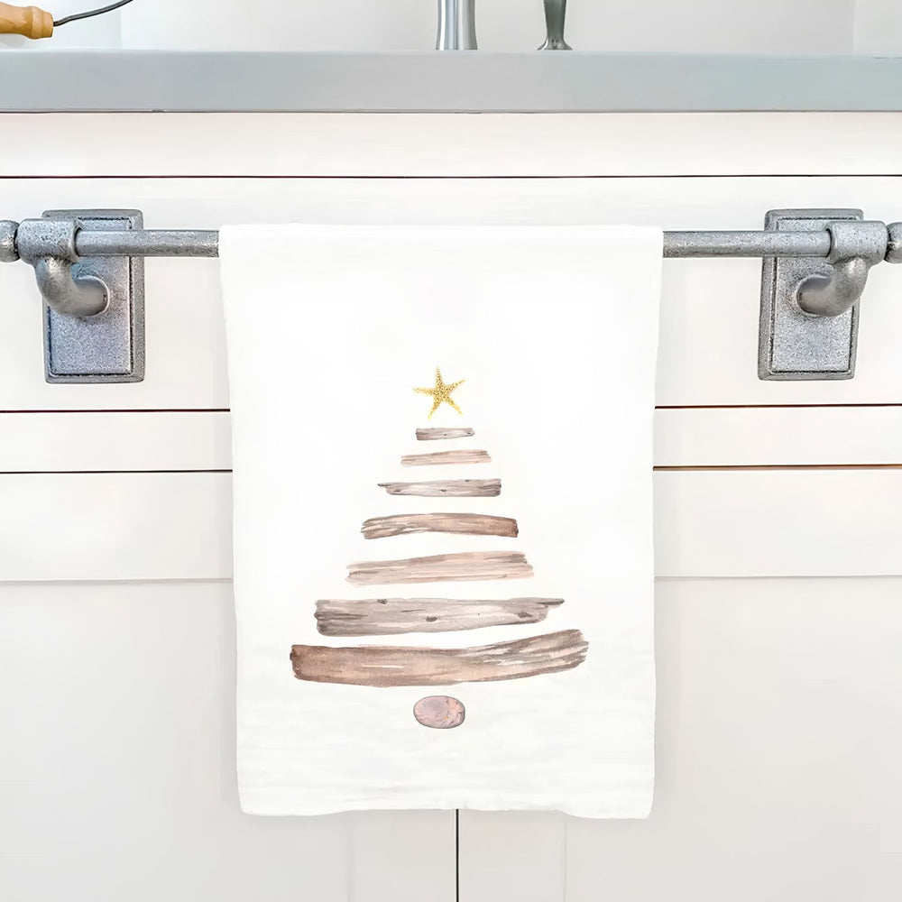 Driftwood Christmas Tree Cotton Tea Towel With Coastal Holiday Design, Nautical Holiday Dish Towel, Coastal Gift Ideas