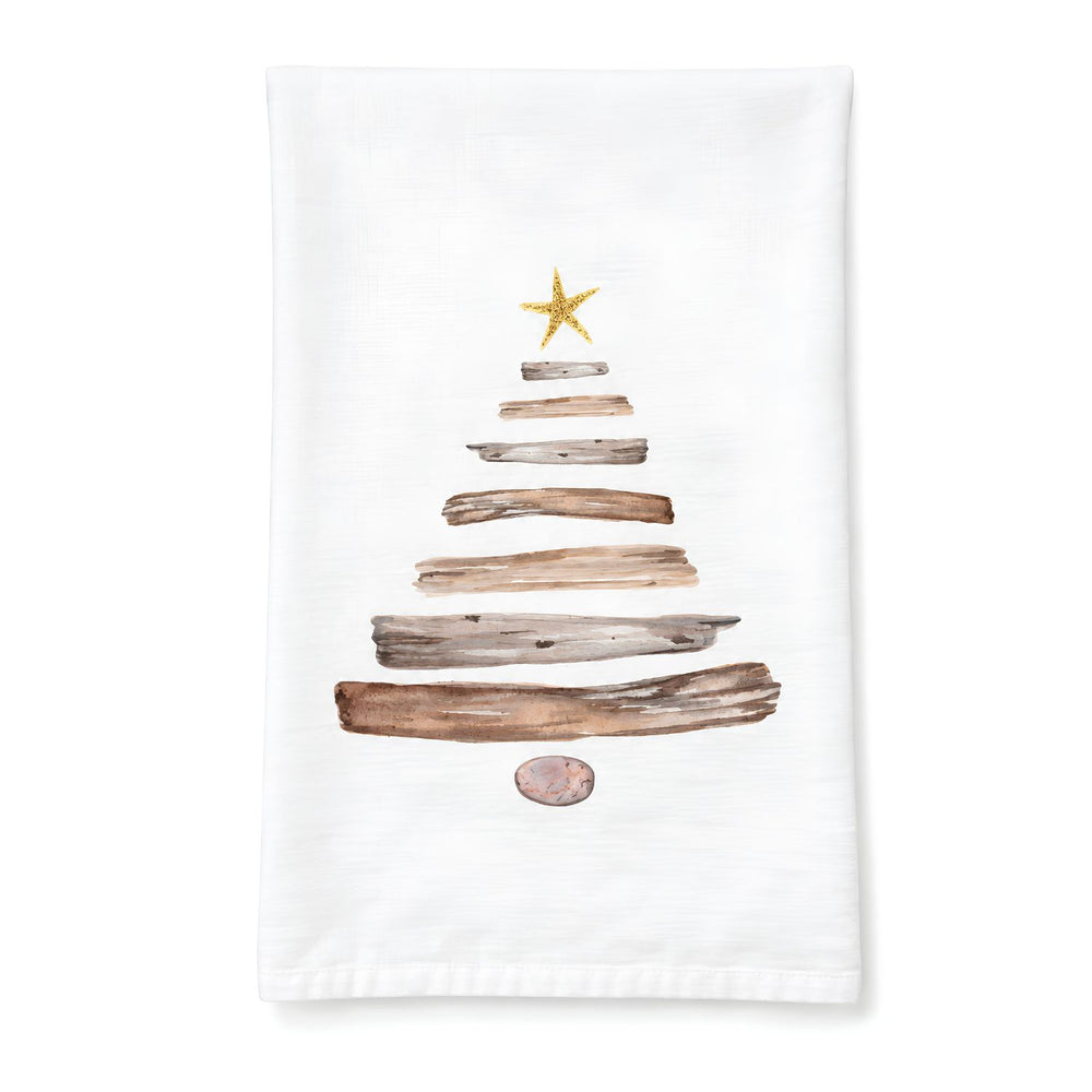 Driftwood Christmas Tree Cotton Tea Towel With Coastal Holiday Design, Nautical Holiday Dish Towel, Coastal Gift Ideas
