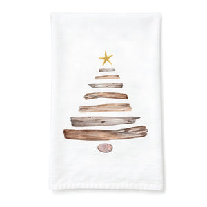 Driftwood Christmas Tree Cotton Tea Towel With Coastal Holiday Design, Nautical Holiday Dish Towel, Coastal Gift Ideas