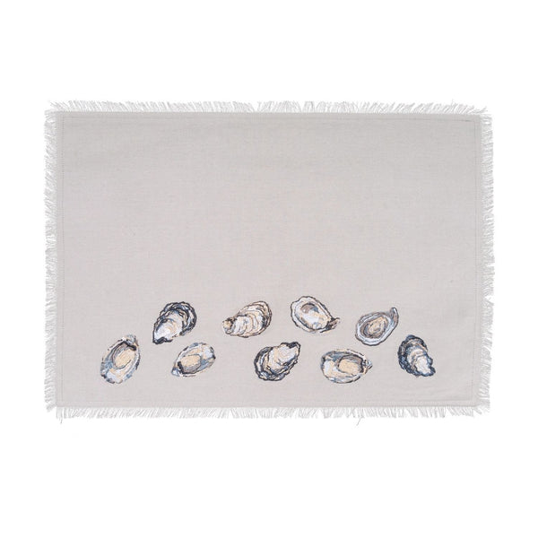 Embroidered Oyster Pattern Placemat With Blue Oyster Shell Design, Coastal Table Linens, Beach House Tables And Coastal Dining