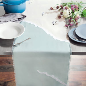 Sand And Sea Green Sandpiper Bird Sprint Table Runner With Embroidered Shorebirds And Wave Detail, Coastal Dining Tables