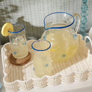 Fish Clear Bubble Highball Glass and Pitcher with Blue Rim, Nautical Drinkware, Modern Coastal Homes