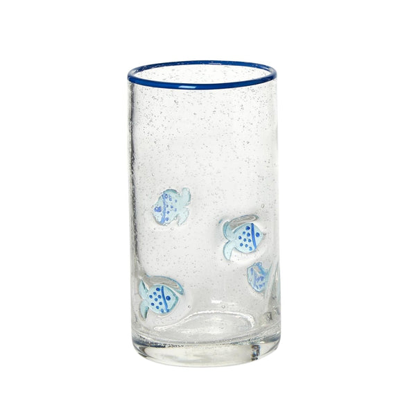 Fish Clear Bubble Highball Glass with Blue Rim, 18 Oz Clear Glass with Embedded Blue and White Fish Design