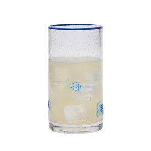 Nautical Blue and White Glass, Fish Clear Bubble Highball Glass with Blue Rim, 18 Oz.