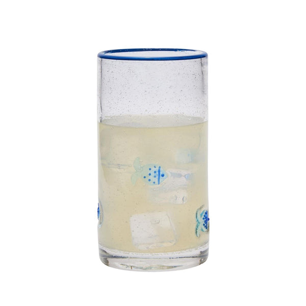 Nautical Blue and White Glass, Fish Clear Bubble Highball Glass with Blue Rim, 18 Oz.
