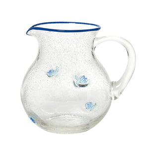 Fish Clear Bubble Pitcher, 100 Oz Handcrafted Clear Glass Pitcher with Embedded Blue and White Fish and Blue Rim