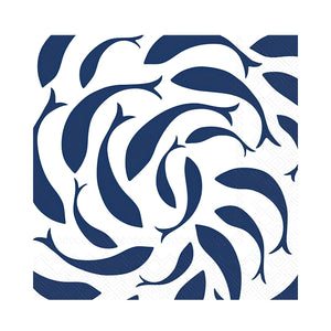 Fish Swirl Paper Cocktail Napkins Pack of 20 with Navy Fish Pattern, Coastal 3 Ply Beverage Napkins for Nautical Entertaining and Beach House Decor