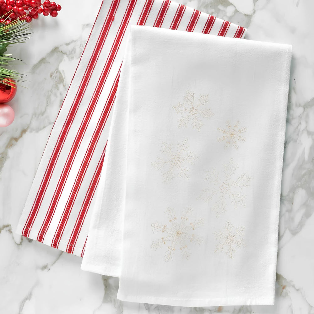 Gold Snowflake Cotton Kitchen Towel With White Background And Delicate Holiday Snowflake Designs