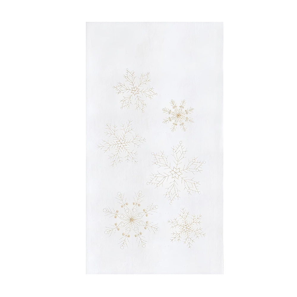 Gold Snowflake Cotton Kitchen Towel With White Background And Delicate Holiday Snowflake Designs