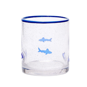Great White Shark Acrylic Double Old Fashioned Glass, 16 oz, Blue Rim Shark Drinkware, Coastal Barware
