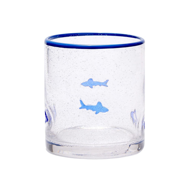 Great White Shark Acrylic Double Old Fashioned Glass, 16 oz, Blue Rim Shark Drinkware, Coastal Barware