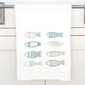 Hand Drawn Fish Cotton Tea Towel In Blue And Coastal Colors, Nautical Kitchen Decor, Coastal Dish Towel