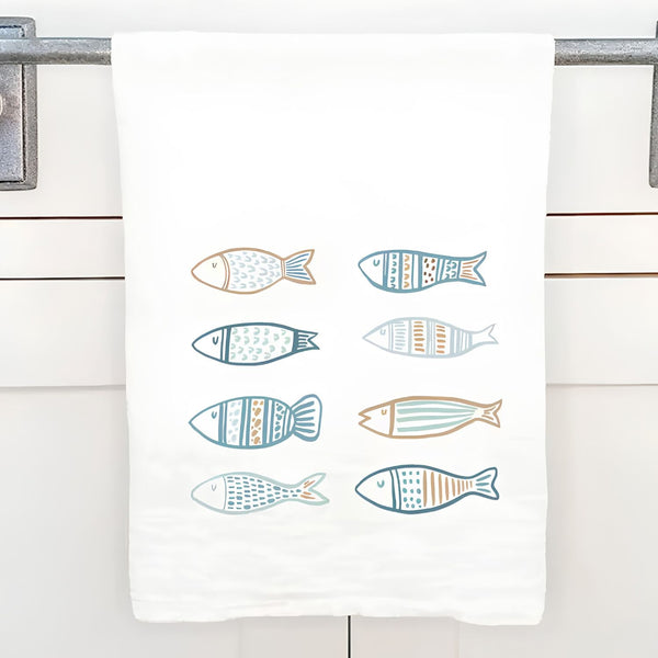Hand Drawn Fish Cotton Tea Towel In Blue And Coastal Colors, Nautical Kitchen Decor, Coastal Dish Towel