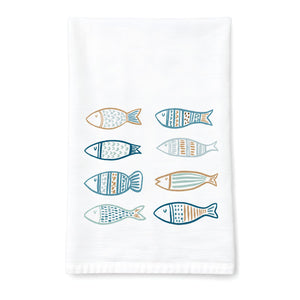 Hand Drawn Fish Cotton Tea Towel In Blue And Coastal Colors, Nautical Kitchen Decor, Beach House Gifts, Coastal Housewarming Gifts