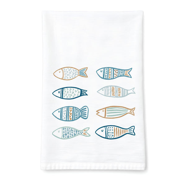 Hand Drawn Fish Cotton Tea Towel In Blue And Coastal Colors, Nautical Kitchen Decor, Beach House Gifts, Coastal Housewarming Gifts