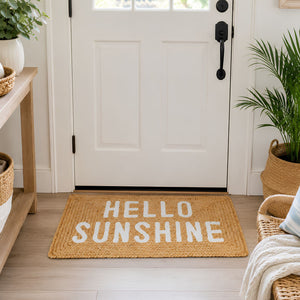 Natural Tan Jute Hello Sunshine Doormat With White Lettering At A Front Door, Outdoor Entryway Decor, Coastal Housewarming Gift, Woven Doormat