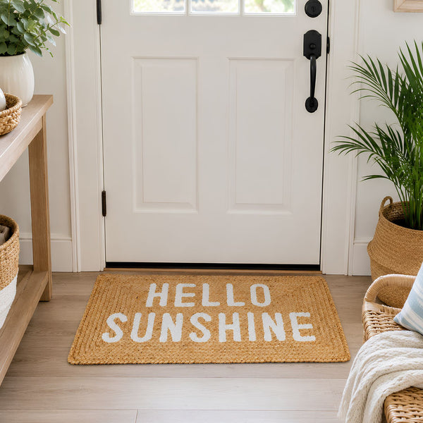 Natural Tan Jute Hello Sunshine Doormat With White Lettering At A Front Door, Outdoor Entryway Decor, Coastal Housewarming Gift, Woven Doormat