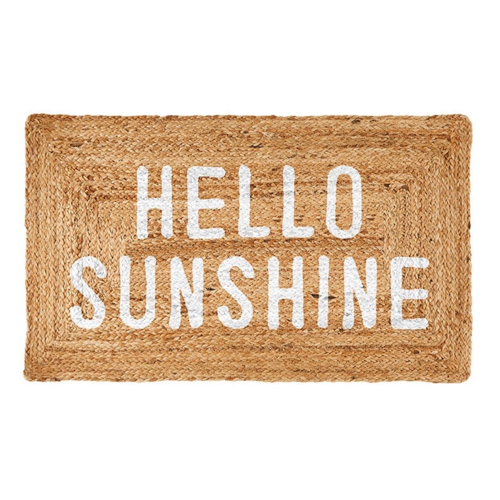 Natural Tan Woven Jute Doormat With White Hello Sunshine Lettering, 34 x 20 Inch Entryway Mat, Coastal Home Decor, Housewarming Gift