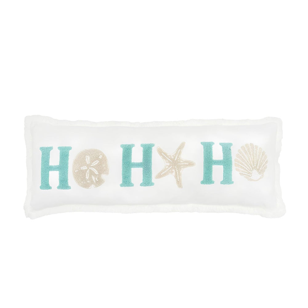 Ho Ho Ho Coastal Christmas Throw Pillow With Turquoise Embroidery, Seashell Motifs, Beaded Details, And White Fringe