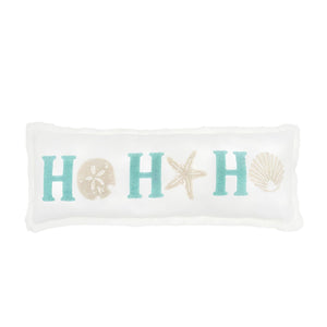 Ho Ho Ho Coastal Christmas Throw Pillow With Turquoise Embroidery, Seashell Motifs, Beaded Details, And White Fringe