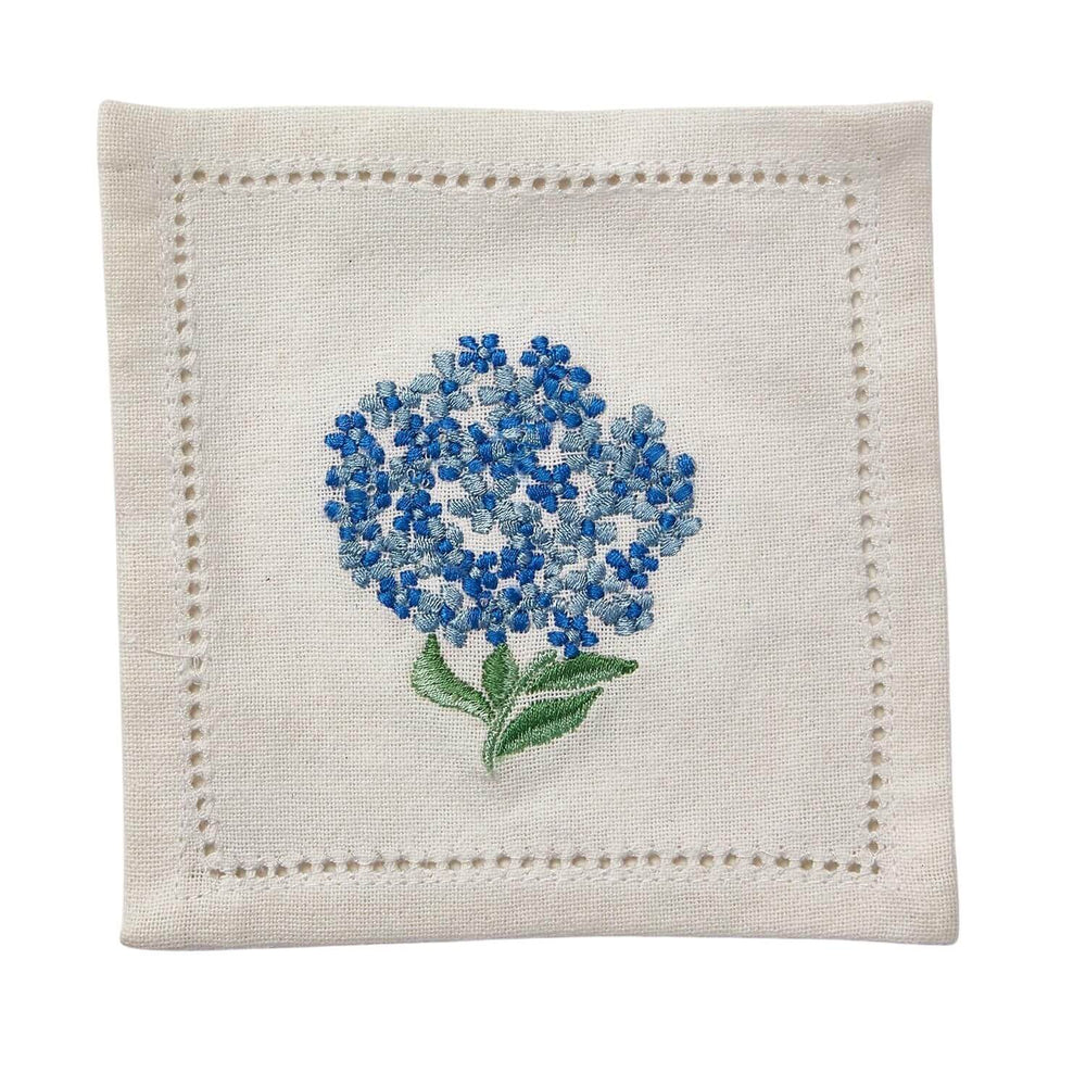 Hydrangea Embroidered Cotton Cocktail Napkin in Natural White With Blue Floral Stitching and Scalloped Border, Coastal Table Linens and Floral Entertaining Accessories