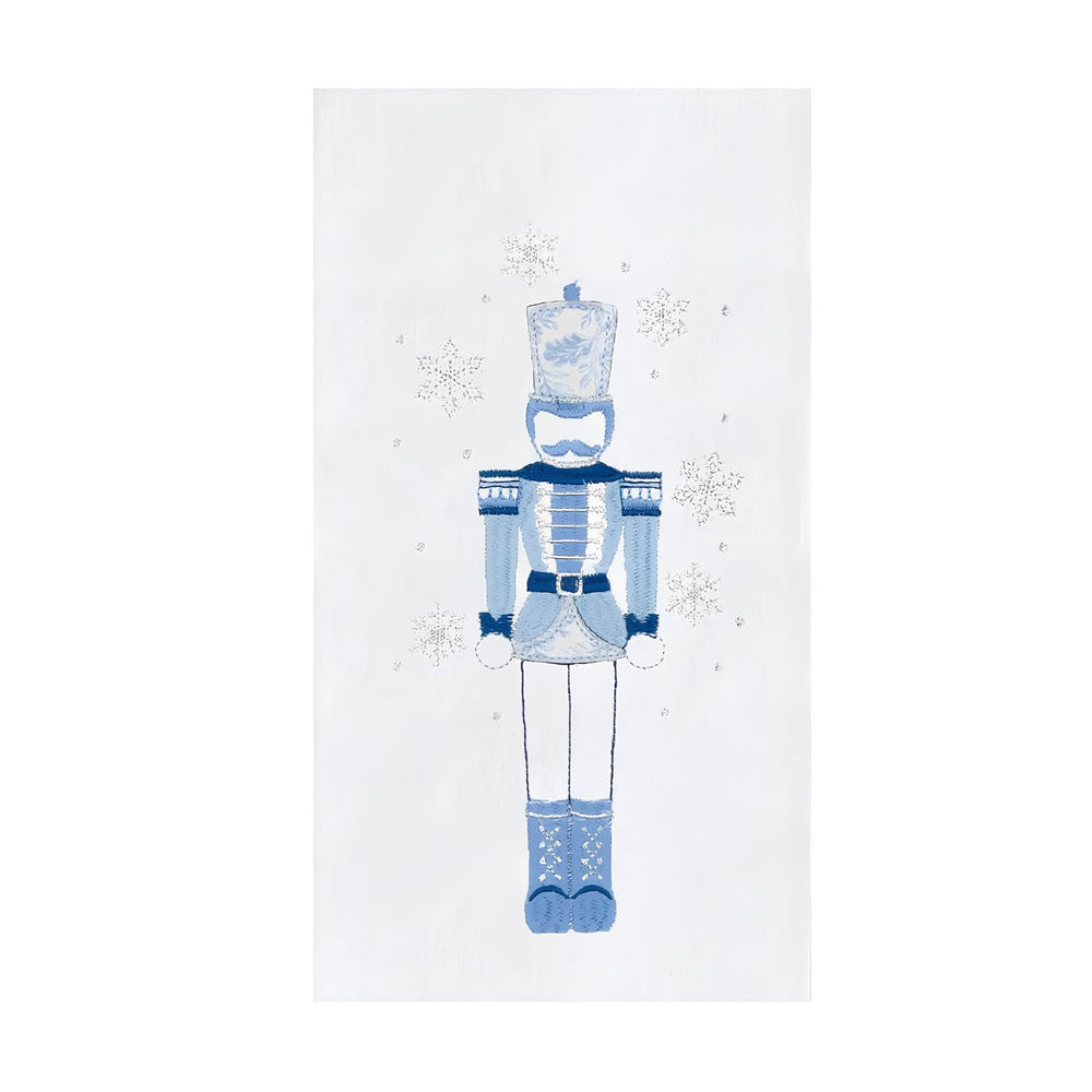 Icy Blue Nutcracker Kitchen Towel With Embroidered Snowflakes And Blue And Silver Holiday Details