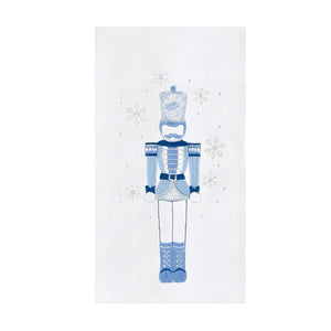 Icy Blue Nutcracker Kitchen Towel With Embroidered Snowflakes And Blue And Silver Holiday Details