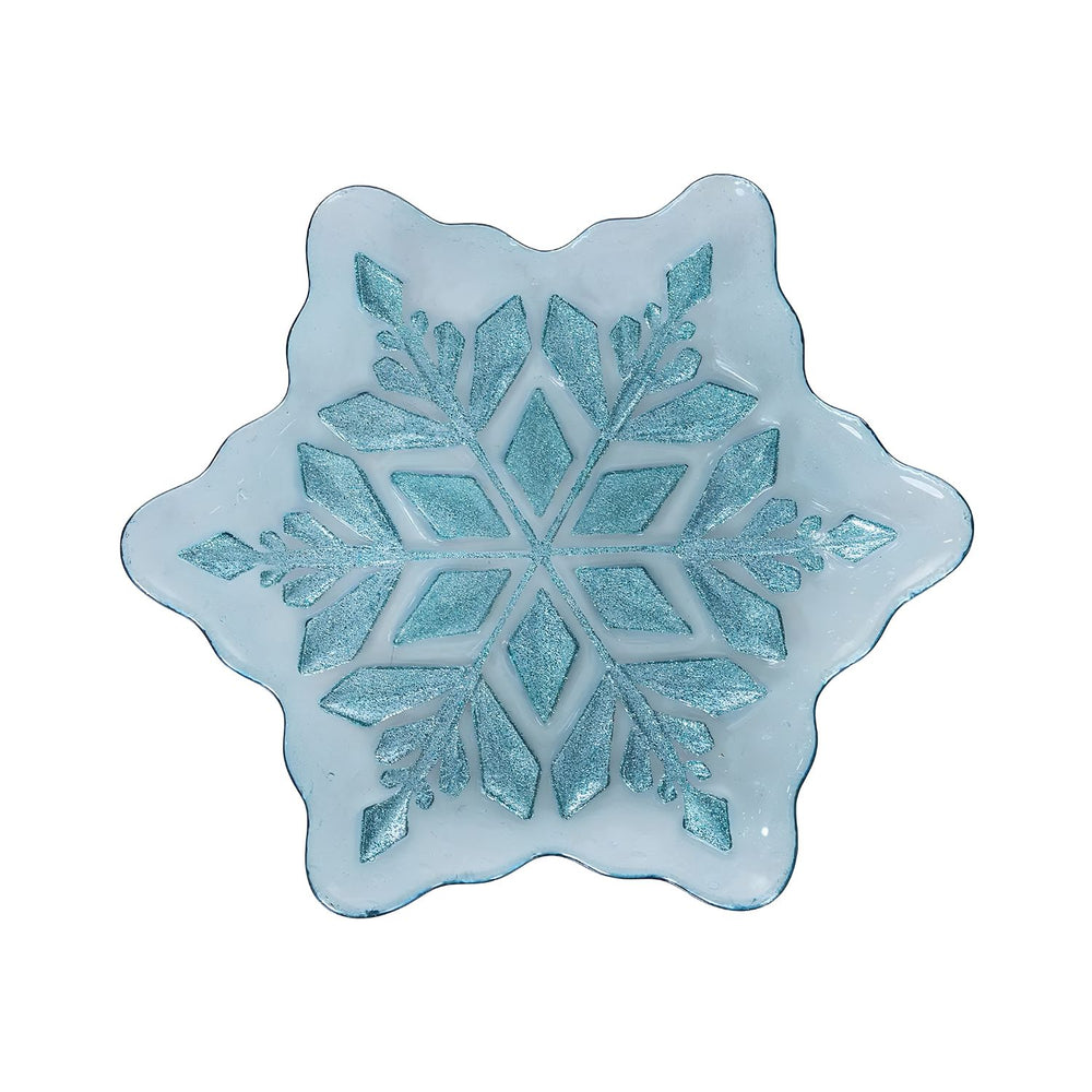 10-Inch Icy Blue Snowflake Glass Serving Plate With Shimmering Blue Center Design For Holiday Entertaining
