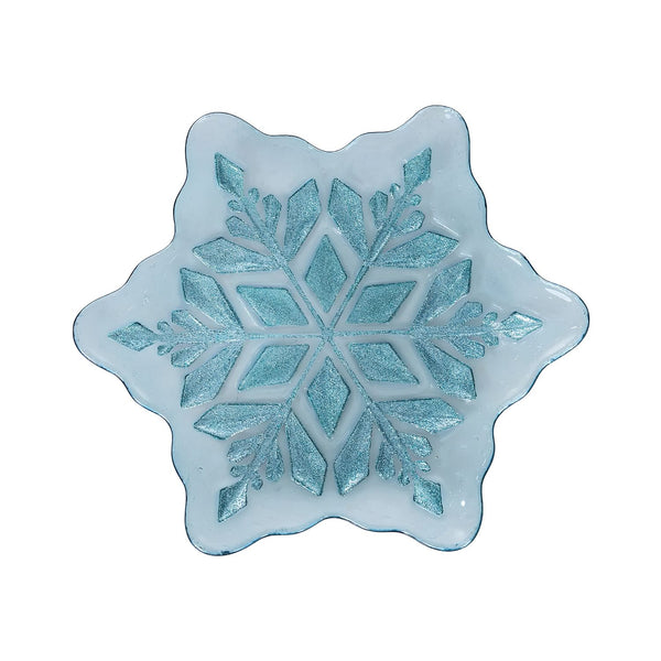10-Inch Icy Blue Snowflake Glass Serving Plate With Shimmering Blue Center Design For Holiday Entertaining
