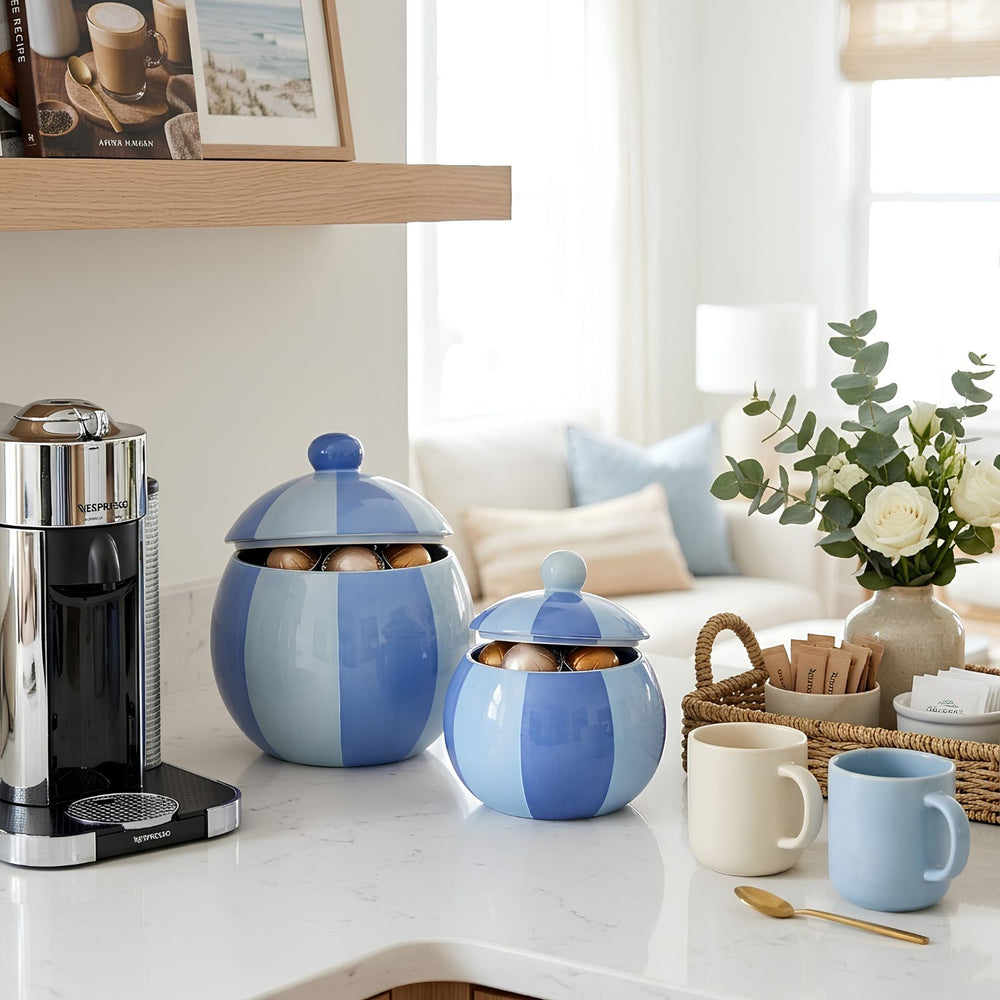 Iris Blue Ceramic Canister Set, Lidded Kitchen Storage Jars, Decorative Cookie Jar Set, Pantry Canisters, Blue Kitchen Decor
