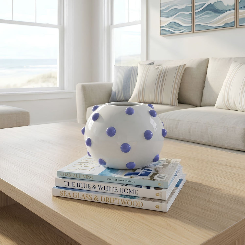 Iris Blue Decorative Vase, Large Round Ceramic Vase, Knobbed Flower Vase, Modern Home Decor, Coastal Table Decor