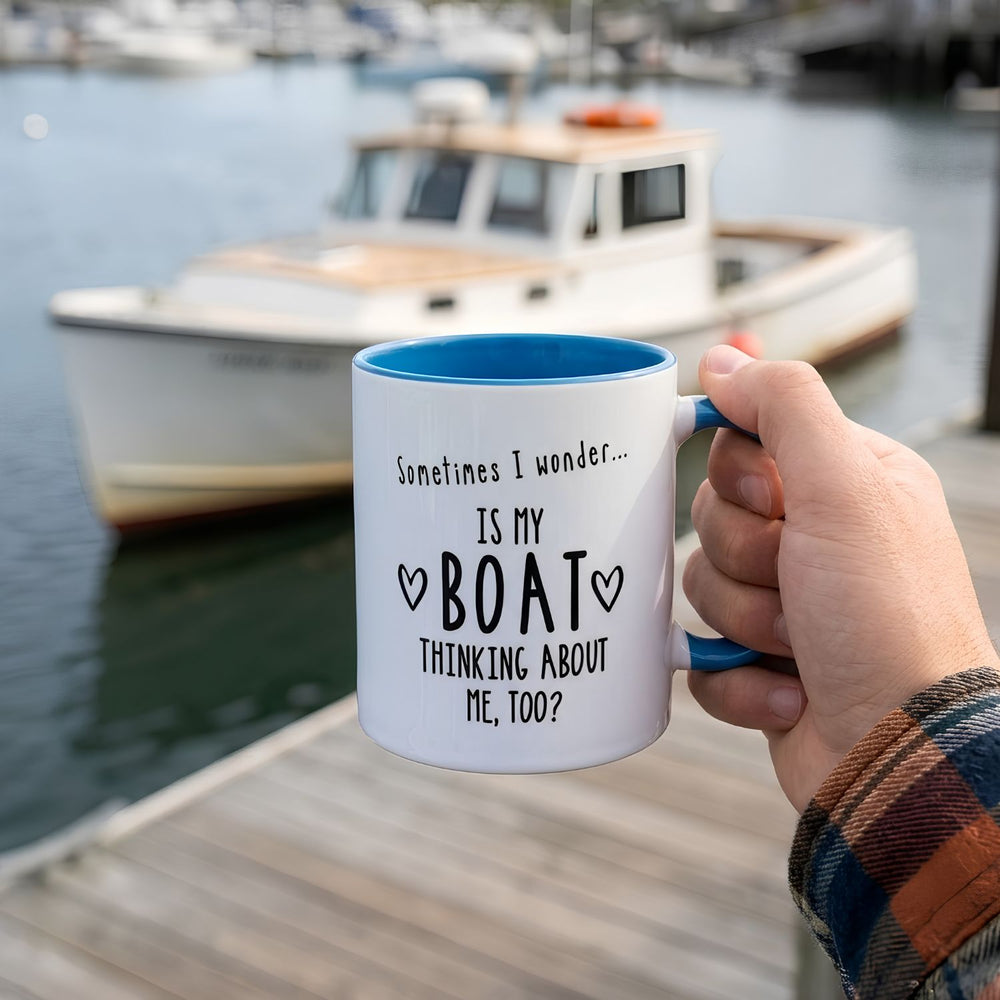 Is My Boat Thinking About Me Too Ceramic Coffee Mug With Navy Blue Handle and Interior, Nautical Coffee Mug and Boating Gift
