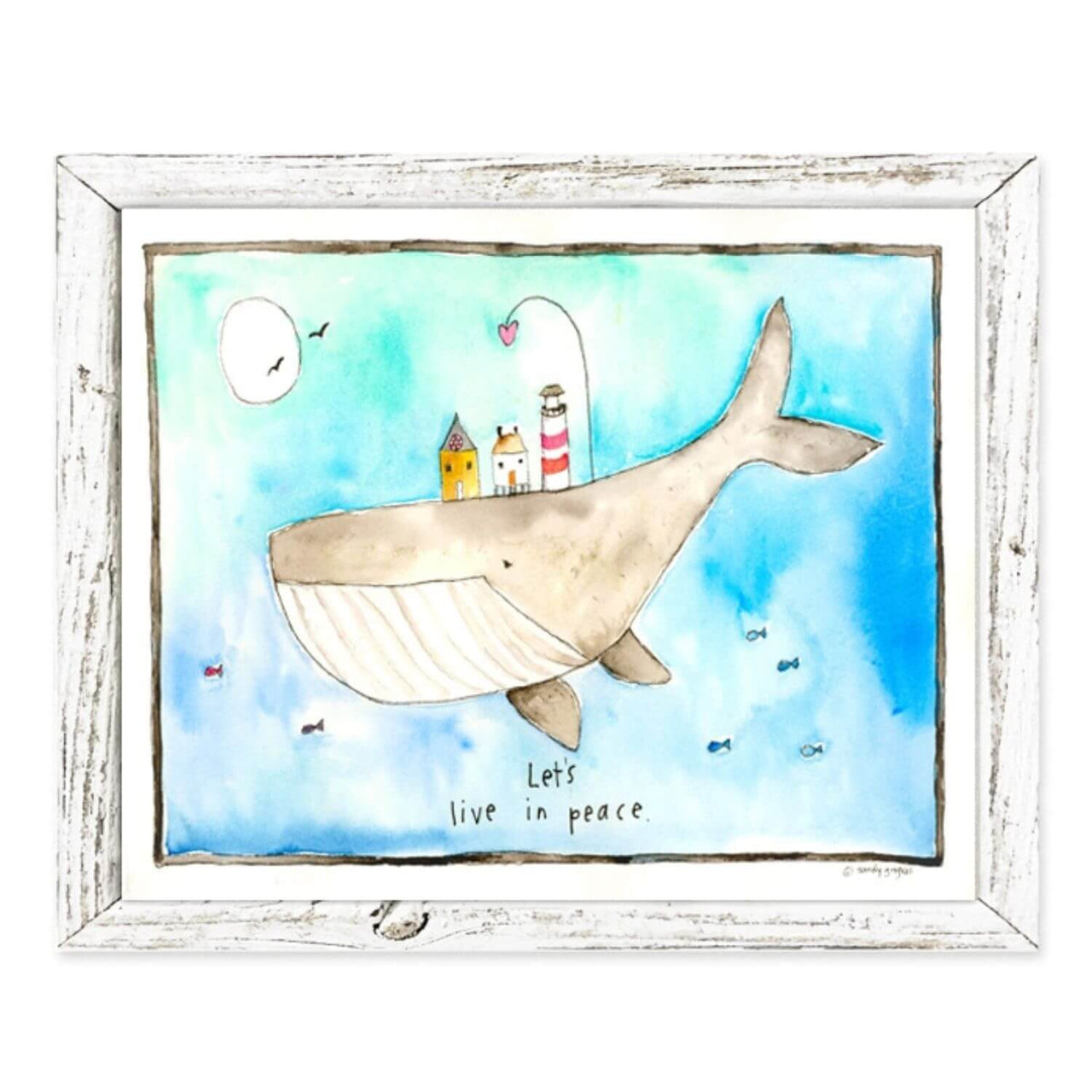 "Let's Live in Peace" 7 x 6 Whale Coastal Art, Reclaimed White Wood Frame