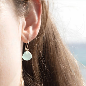 Light Aqua Recycled Glass Dangle Earrings Worn As Coastal Beach Jewelry