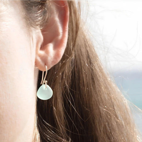 Light Aqua Recycled Glass Dangle Earrings Worn As Coastal Beach Jewelry