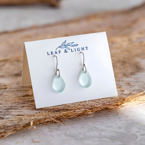 Light Aqua Coastal Glass Drop Earrings With Organic Recycled Glass Shapes And Silver Ear Wires