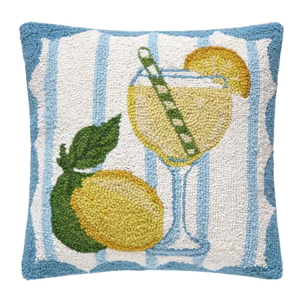 Limoncello Spritz Hook Accent Pillow With Lemon and Cocktail Glass Design on Blue and White Stripes, 16-Inch Coastal Throw Pillow