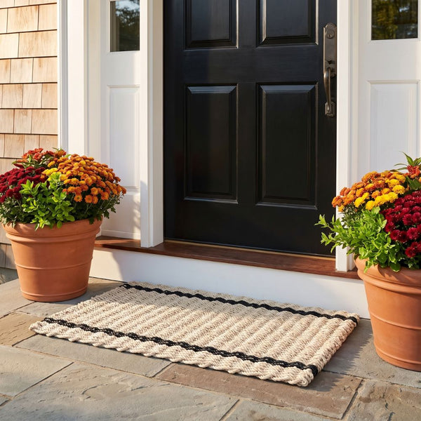 Wicked Good Doormats®, Lobster Rope™ Doormat in Sand and Black Tailored Stripes, Waterproof Outdoor Doormat, Best Outdoor Mat, Made in Maine