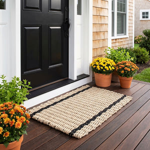 Wicked Good Doormats®, Lobster Rope™ Doormat in Sand and Black Tailored Stripes, All-Weather Rope Outdoor Mat, Made in Maine