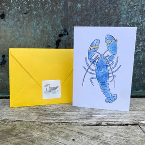 Coastal Blue Lobster Stationery Set with Canary Yellow Envelopes and Seagull Sticker Seals, Nautical Mini Cards