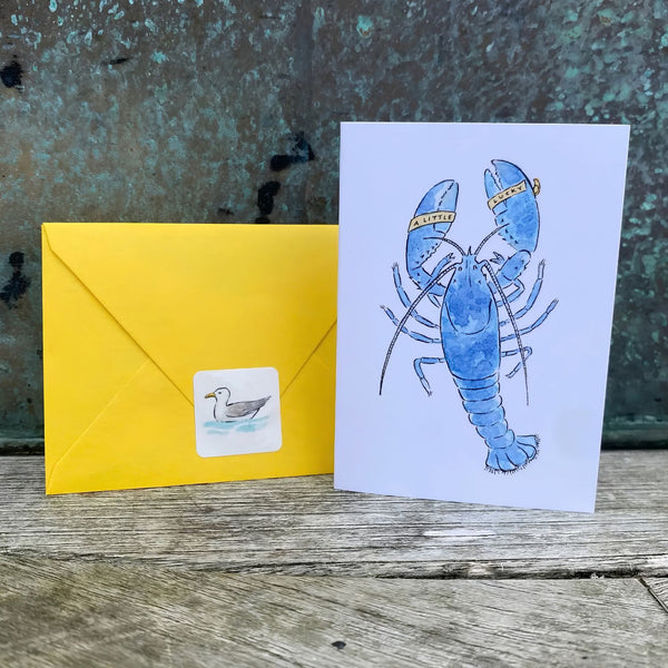 Coastal Blue Lobster Stationery Set with Canary Yellow Envelopes and Seagull Sticker Seals, Nautical Mini Cards