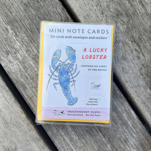 Lucky Blue Lobster Blank Mini Note Card with Yellow Envelope and Seagull Sticker, Coastal Note Cards