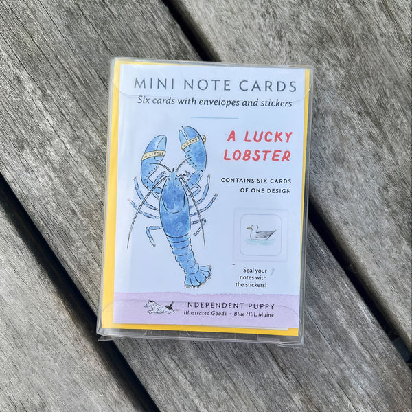 Lucky Blue Lobster Blank Mini Note Card with Yellow Envelope and Seagull Sticker, Coastal Note Cards