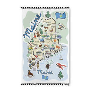 Maine Cotton Tea Towel Featuring Illustrated Maine Map Artwork With Towns Landmarks Wildlife Lighthouses And Black Pom Trim