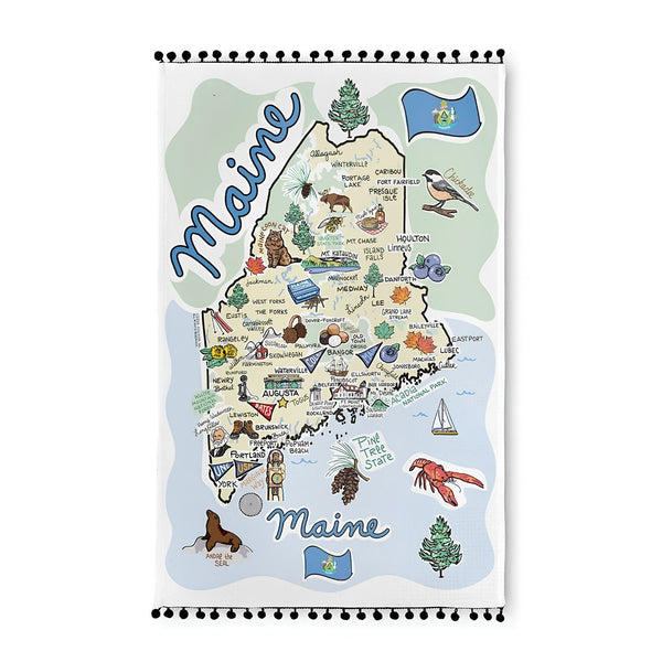Maine Cotton Tea Towel Featuring Illustrated Maine Map Artwork With Towns Landmarks Wildlife Lighthouses And Black Pom Trim