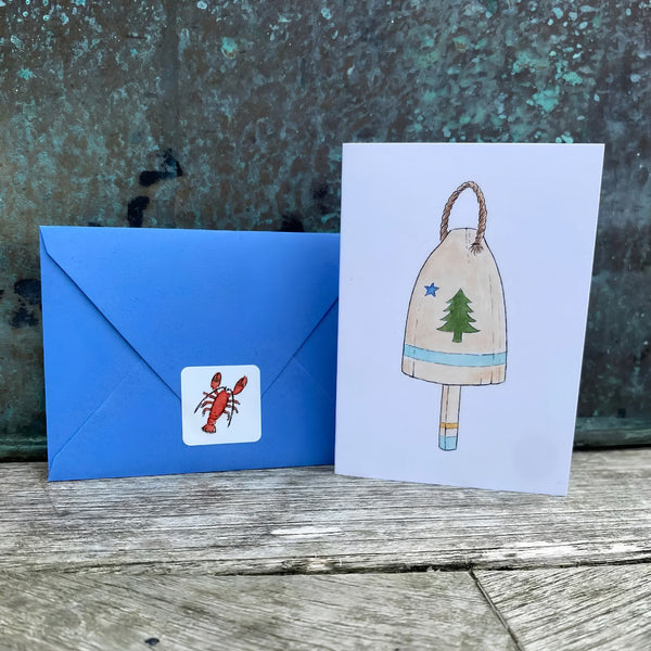 Maine Flag Buoy Mini Note Card with Royal Blue Envelope and Red Lobster Sticker Seal, Coastal Stationery