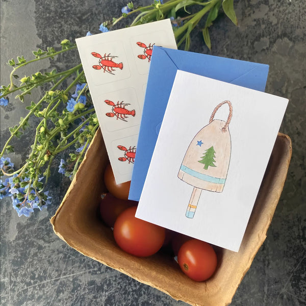 Maine Flag Buoy Note Card Set with Blue Envelope and Red Lobster Stickers, Nautical Stationery