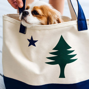 Natural Canvas Maine Flag Tote Bag With Navy Straps And Evergreen Tree Design, Coastal Lifestyle Accessory, New England Gift