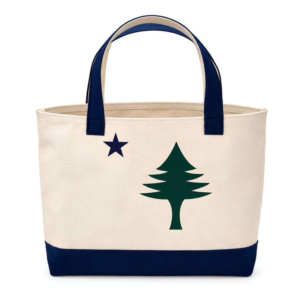 Natural Canvas Maine Flag Tote Bag With Navy Handles And Base, Evergreen Tree And Star Design, Coastal Canvas Tote And New England Gift