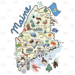 Illustrated Maine State Map Artwork Featuring Towns Landmarks Wildlife Lobster Lighthouses Pine Trees And Coastal Icons By Fish-Kiss